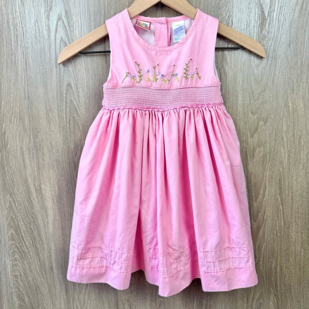 Baby Togs Vintage Dress Girls 4 Pink Floral Embroidered Smocked Cottagecore